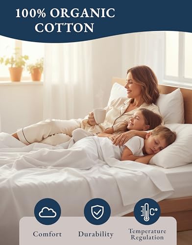 LANE LINEN 100% Organic Cotton Twin Sheets Set, 3Pc Twin Bed Sheets, Soft & Comfy Breathable Cotton Percale Sheets for Twin Size Bed, Dorm Room Essentials Low Pill Fade Resistant White Sheets LANE LINEN