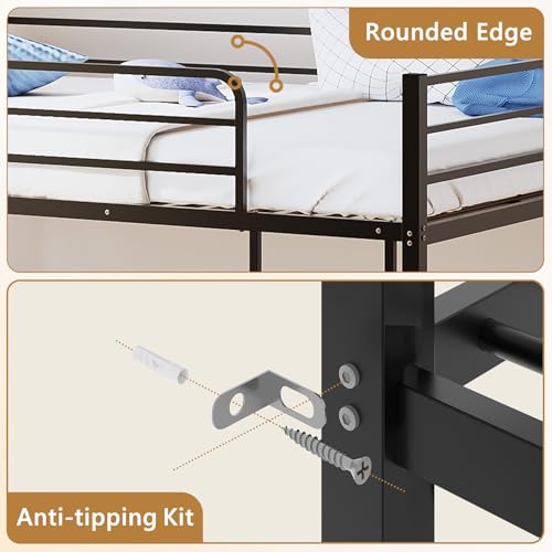 Bonnlo Full Over Full Metal Bunk Bed, Twin Size Frame with Ladder & Safety Guardrail, Low Profile Space-Saving Design, Ideal for Kids & Juniors, Mattress Not Included (Black) Bonnlo