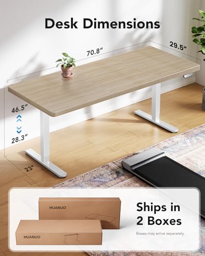 HUANUO 71 x 30 inch Electric Standing Desk, Powerful Brushless Motor Large Height Adjustable Table, 4 Memory Preset Sit Stand Up Desk, Home Office Computer Table with Thick T-Shaped Frame, Natural HUANUO