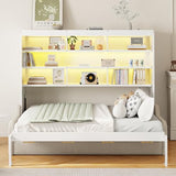 Quarte Full Size Murphy Bed with Folding Sofa & Built-in Storage Shelves, Space-Saving Wall Bed Frame with LED Lights, Safety Lock, Easy Assembly Quarte