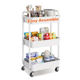 3 Tier Rolling Cart with Wheels, White Plastic Three Tiered Roller Shelf Cart on Lockable Wheels, Small Utility Storage Organzier Carts for Craft, Art, Baby Diaper Caddy, Snack, Dorm, Kitchen,Bathroom