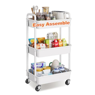 3 Tier Rolling Cart with Wheels, White Plastic Three Tiered Roller Shelf Cart on Lockable Wheels, Small Utility Storage Organzier Carts for Craft, Art, Baby Diaper Caddy, Snack, Dorm, Kitchen,Bathroom