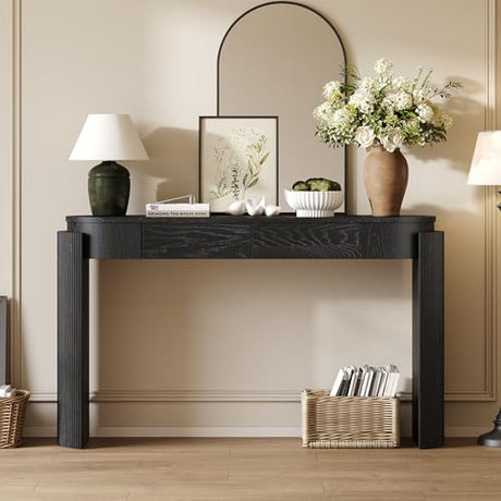 Merax 55" Entryway Table with Oval Top and 2 Drawers, Natural Wood Grain Finish Console Table with Fluted Design for Entryway and Living Room (Black) Merax