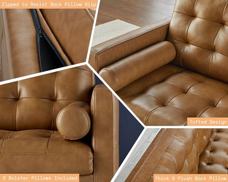 AMERLIFE Leather Sofa, Mid-Century Modern Genuine Leather Sofa, 3 Seater Comfy Couch for Living Room Home Office -Brown Leather Sofa Couch AMERLIFE