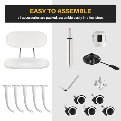 WKWKER Rolling Stool with Wheels Swivel Stool with Back Height Adjustable Chair PU Leather Rolling Chair Ideal for SPA Salon Home Office Drafting Work (White) WKWKER