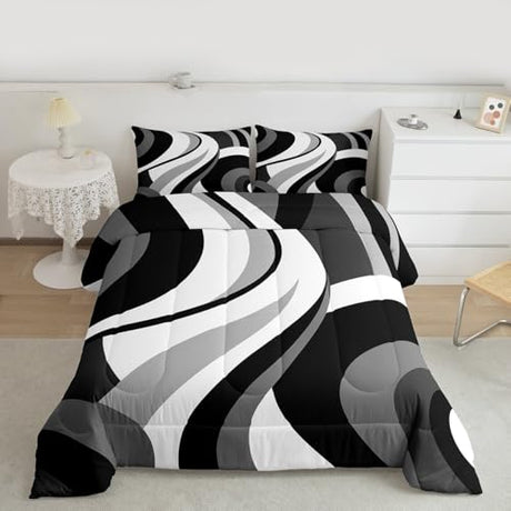 Gray Black White Spiral Twin Comforter Set for Adult Women Men Modern Swirls Stripes Abstract Bedding Set for Minimalists Boho Aesthetic Geometric Bed Sets Graffiti Art Lines Quilt Sets Erosebridal