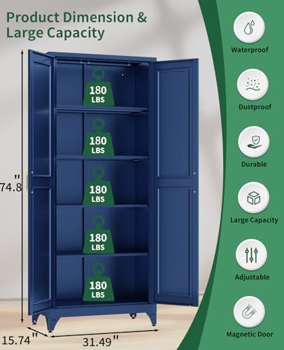 75" Tall Metal Storage Cabinet with 2 Doors and 4 Adjustable Shelves, Heavy Duty Steel Pantry Cabinet for Garage, Home Office, Kitchen and Laundry Room, Freestanding Utility Cupboard,Blue METALOONG