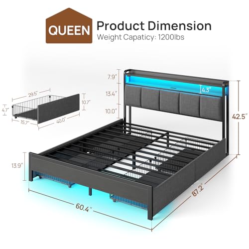 Rolanstar Bed Frame Queen Size with Charging Station and LED Lights, Upholstered Storage Headboard with Drawers, Heavy Duty Metal Slats, No Box Spring Needed, Noise Free, Easy Assembly, Dark Grey Rolanstar