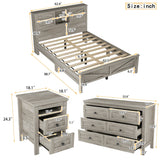 3-Pieces Bedroom Set Queen Size Farmhouse Platform Bed with Storage Headboard and Charging Station