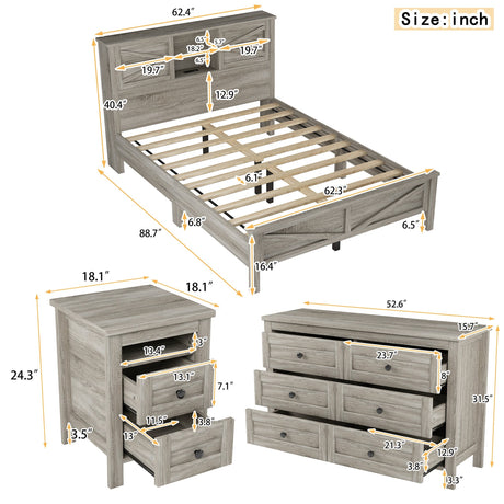 3-Pieces Bedroom Set Queen Size Farmhouse Platform Bed with Storage Headboard and Charging Station HouseOfZazla