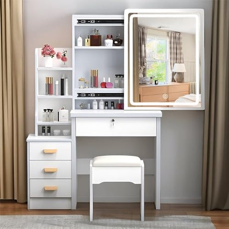 Makeup Vanity Desk with Mirror and Lights,Sliding Mirror & Drawers & Storage Shelves & Stool, Brightness Adjustable,3 Lighting Mode, for Bedroom,White Legendstone