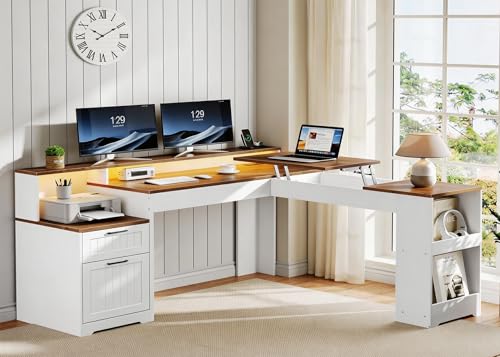 STHYTON Farmhouse 63" L Shaped Standing Desk, Corner Computer Desk with Drawers, Office Desk with File Drawers with RGB Lighting & Charging Station, Monitor Stand and Storage Shelves, White and Walnut STHYTON