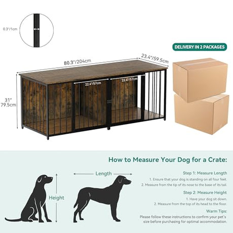 DWVO Double Dog Kennel Furniture, 80.2" Dog Cage Furniture with Divider, Double Dog Crate TV Stand for 2 Medium Dogs, Brown DWVO