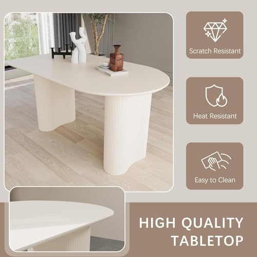HAIZAO Modern Dining Table Set for 4, 5 Pieces Cream Kitchen Table Set,63Inch White Oval Dining Table with 4 Beige Chairs for Apartment Large Space HAIZAO