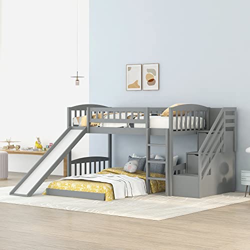 Twin over Twin Low Bunk Bed Frame with Slide and Storage Drawers for Kids - Grey - WoodArtSupply