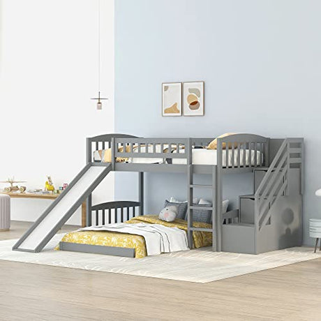 Twin over Twin Low Bunk Bed Frame with Slide and Storage Drawers for Kids - Grey Bellemave
