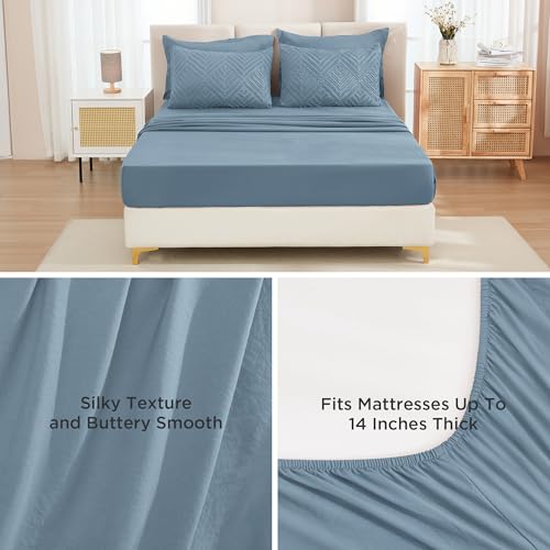 Andency King Size Comforter Set 7 Pieces Grayish Blue - Bed in a Bag King Boho Lightweight Fluffy Tufted Bedding Sets with Comforter, Sheets, Pillowcases & Shams Andency