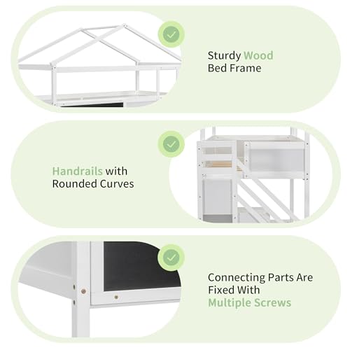 Merax Wood Twin Over Full House Bunk Bed with Ladder, Solid Pine Wood Bunk Bed Frame with Safety Guardrails, House Bunk Bed Frame for Home Merax