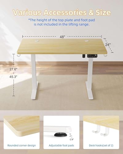 YIHAYO Electric Standing Desk, 48 x 24 Inches Stand Up Desk with Splice Board, Adjustable Height Desk, Computer Desk for Home Office, White Frame/Natural Top YIHAYO