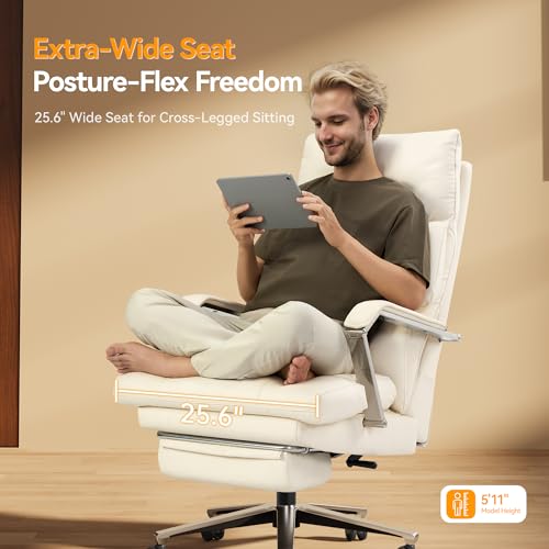 OKUP® M76 Recline Office Chair with Footrest, 160° Infinite Reclining 10" Thick Executive Desk Chair, 420lb Heavy Duty Big and Tall, Adjustable Seat Depth, Cream OKUP