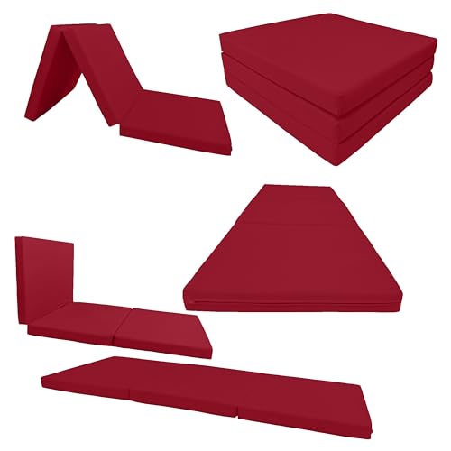 D&D Futon Furniture Trifold Foam Beds, Floor Tri-Fold Bed, Foldable Shikibuton Mattress Cushion Topper Mat for Space Saving Sleepover 3x27x75 in, Red D&D Futon Furniture