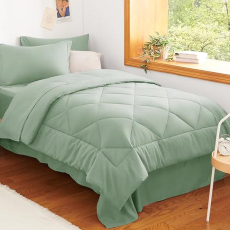 CozyLux Twin Comforter Set with Sheets Sage Green - 5 Pieces Bed in a Bag Twin, All Season Bed Set for Girls and Boys, Bedding Set with Down Alternative Comforter, Sheets, Pillowcase & Sham CozyLux