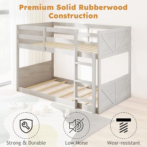 Zevemomo Wooden Bunk Bed Twin Over Twin, Low Bunk Bed, Solid Rubberwood Bed Frame with Built-in Ladder, Floor Bunk Bed for Bedroom, Space Saving, No Box Spring Needed, Antique White Zevemomo
