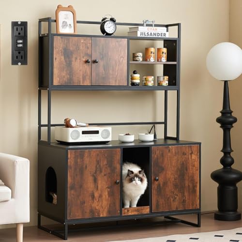JanflyHome Cat Litter Box Enclosure with Power Outlet, 60'' Large Double Hidden Cat Litter Box Furniture with Shelf, Indoor Cat House Furniture with Cat Scratching Pad for 2 Cats, Vintage Brown… JanflyHome