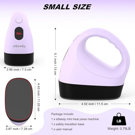 eSeedy Mini Heat Press Machine, 3 Heat Settings& Fast Heating, 15 Mins Auto-Off, Insulated Safety Base, Mini Iron for Crafting, T Shirts, Hats, Heating Transfer Projects (Purple) eSeedy