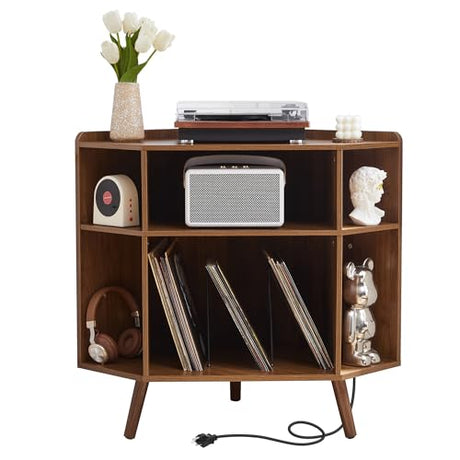 MAHYIZYI Corner Record Player Stand with Charging Station & USB Ports, 3 Tier Mid Century Modern Vinyl Record Storage Cabinet, Wood Turntable Stand for Music Room, Living Room, Small Space (Walnut) MAHYIZYI