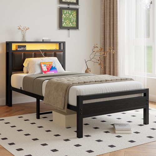 HOJINLINERO Twin Bed Frame with Charging Station & LED Lights,Storage Upholstered Headboard,Metal Bed Frame Twin Size Bed Frames No Box Spring Needed,Mattress Beds Base,Heavy Duty Steel Slats,Black HOJINLINERO