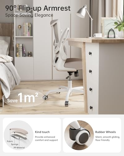 MUXX.STIL Office Chair, Ergonomic Desk Chair with Adjustable Lumbar Support and Flip up Armrest, Breathable Mesh Computer Chair for Home Office, Khaki MUXX.STIL