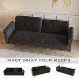 Modern Velvet 2 in 1 Futon Sofa Bed,Convertible Folding Sleeper Bed Couches with 2 Pillows,63" Tufted Recliner Love Seat with Golden Chrome Legs for Living Room Apartment Office (Black) Anwick