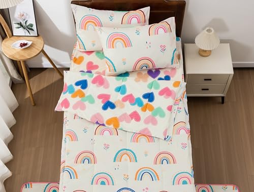 Meeting Story 3pcs Kids Comforter Sets Zipper Bedding Set for Girls,Twin Kid Bedding Set Rainbow Comforter Flower Bedding for Kid,All in one Zipper Bedding（Beige,Twin） Meeting Story