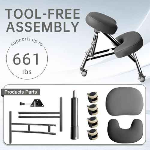 PU Leather Ergonomic Kneeling Chair, Adjustable Home and Office Stool with Thick Pads and Flexible Lockable Brake Wheels for Back Pain Relief（Dark Gray） DENGTELI
