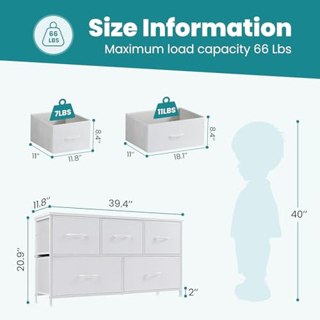 OLIXIS Dresser for Bedroom with 5 Drawers, Wide Chest of Drawers, Fabric Bedroom Dresser with Drawer Organizers, Storage Organizer Unit with Fabric Bins for Closet, Living Room, Hallway, Classic White OLIXIS