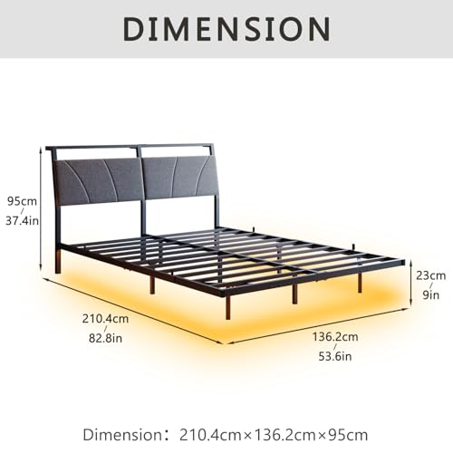 HOJINLINERO Floating Full Size Bed Frame with Headboard&Storage Shelf,Ergonomic Full Bed Frames with USB Charging&LED Lights,Platform Bed Frame Noise-Free Metal Slats | Modern Bedroom Design HOJINLINERO