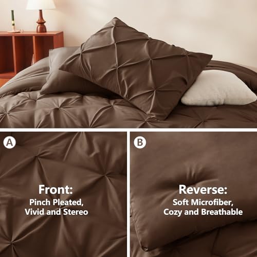 CozyLux King Size Comforter Set Brown, 7 Pieces Pintuck Bed in A Bag Brown Comforter King Size, Pinch Pleat Bedding Set with All Season Comforter, Sheets, Pillowcases & Shams CozyLux