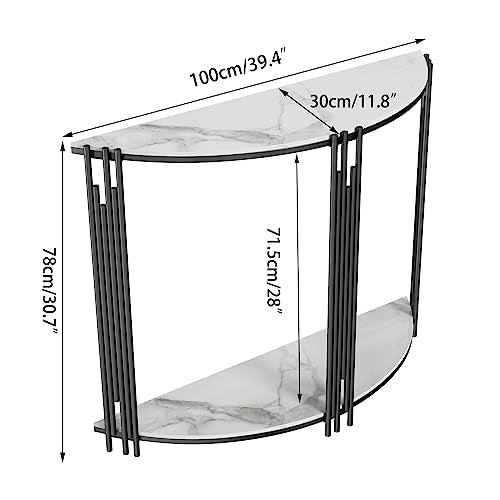Wisfor Sintered Stone Console Table: Half Round White Entryway Table with Black Frame - Modern Narrow Sofa End Table - Semicircular Accent Table for Hallway, 39.4x11.8x30.7 inch Wisfor