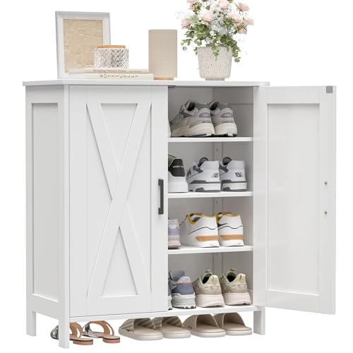 Homleke Farmhouse Shoe Cabinet with 2 Barn Doors & Wood Legs, 5-Tier Shoe Storage Cabinet with 3 Adjustable Shelves, Tall Shoe Rack Organizer for Closet, Shoe Organizer for Entryway, Hallway, White Homleke