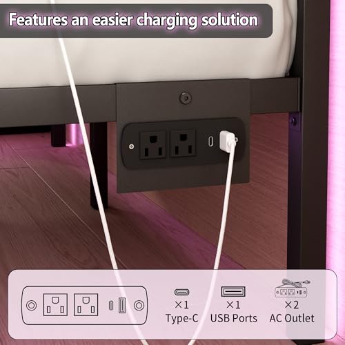 Chuangshuo Guard Full Size Bed Frame with Headboard,Heavy Duty LED Bed Frame with USB Charging Station,Mattress Foundation-Under Bed Storage, No Box Spring Needed, Noise Free，Black Chuangshuo Guard