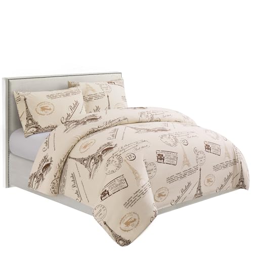Marina Decoration Ultra Soft Silky Zipper Rich Printed Rayon from Bamboo All Season 2 Pieces Duvet Cover Set with 1 Pillowcase, Eiffel Tower Ivory Pattern Twin/Single Size Marina Decoration