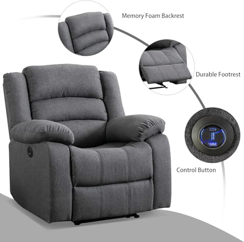 EBELLO Classic Power Recliner Chair, Oversized Electric Overstuffed Chair with Soft Cushion and Back, Sofa with Comfortable Armchair, Gray