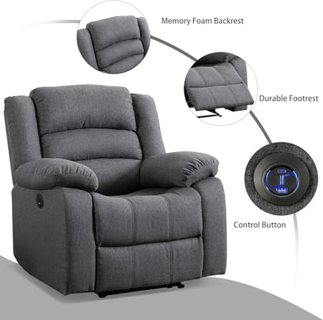 EBELLO Classic Power Recliner Chair, Oversized Electric Overstuffed Chair with Soft Cushion and Back, Sofa with Comfortable Armchair, Gray EBELLO