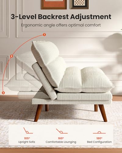 Amada Convertible Futon Sofa Bed - Corduroy Loveseat with Adjustable Backrest & Armrests, Thickened Seat Cushion, Small Space Sleeper Couch for Apartment, Study Room & Office（Off-White，66 Inch ） AMADA HOMEFURNISHING