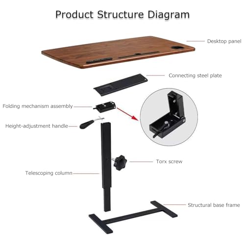 Over Bed Table Pneumatic Adjustable Height Stand Desk with Hidden Casters Foldable Mobile Laptop Computer Standing Desk with USB Ports Pad Generic
