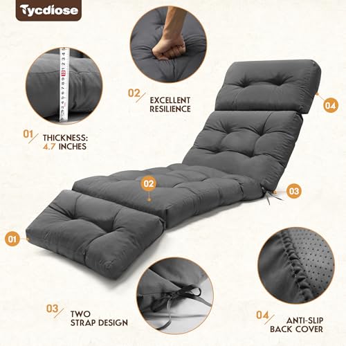 Tycdiose Outdoor Chaise Lounge Chair Cushion Waterproof 74.4 x 22 x 4.7 Inches Memory Foam Lounge Chair Cushions Replacement for Outdoor Furniture with Ties, Thickened Pool Lounge Chair Cushions, Grey Tycdiose