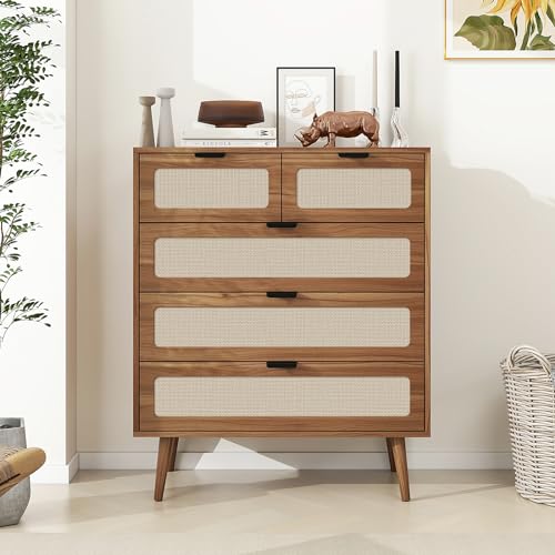 mixtavie Rattan Dresser with 5 Drawers, 5 Drawers Dresser for Bedroom, Dressers & 5 Chests of Drawers with Metal Handles, Modern Storage Organizer Dresser for Hallway (Walnut, Set of 1) mixtavie