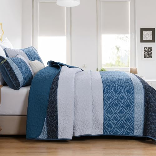 Cottolester Navy Blue Full Quilt Set,Striped Plaid Bedspread Coverlet Set,Khaki Boho Summer Bedding Set Soft Microfiber Bedding Set with 2 Pillow Shams 78"x90" Cottolester