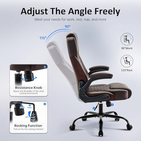 amseatec Office Chair, Executive PU Leather Chair, Ergonomic Computer Desk Chair with Lumbar Support and Adjustable Flip-Up Arms, Rocking Task Chair (Brow amseatec
